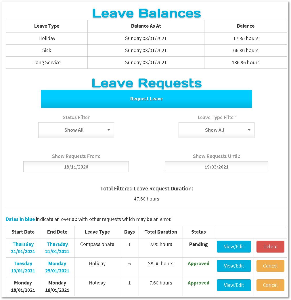 balances and requests section