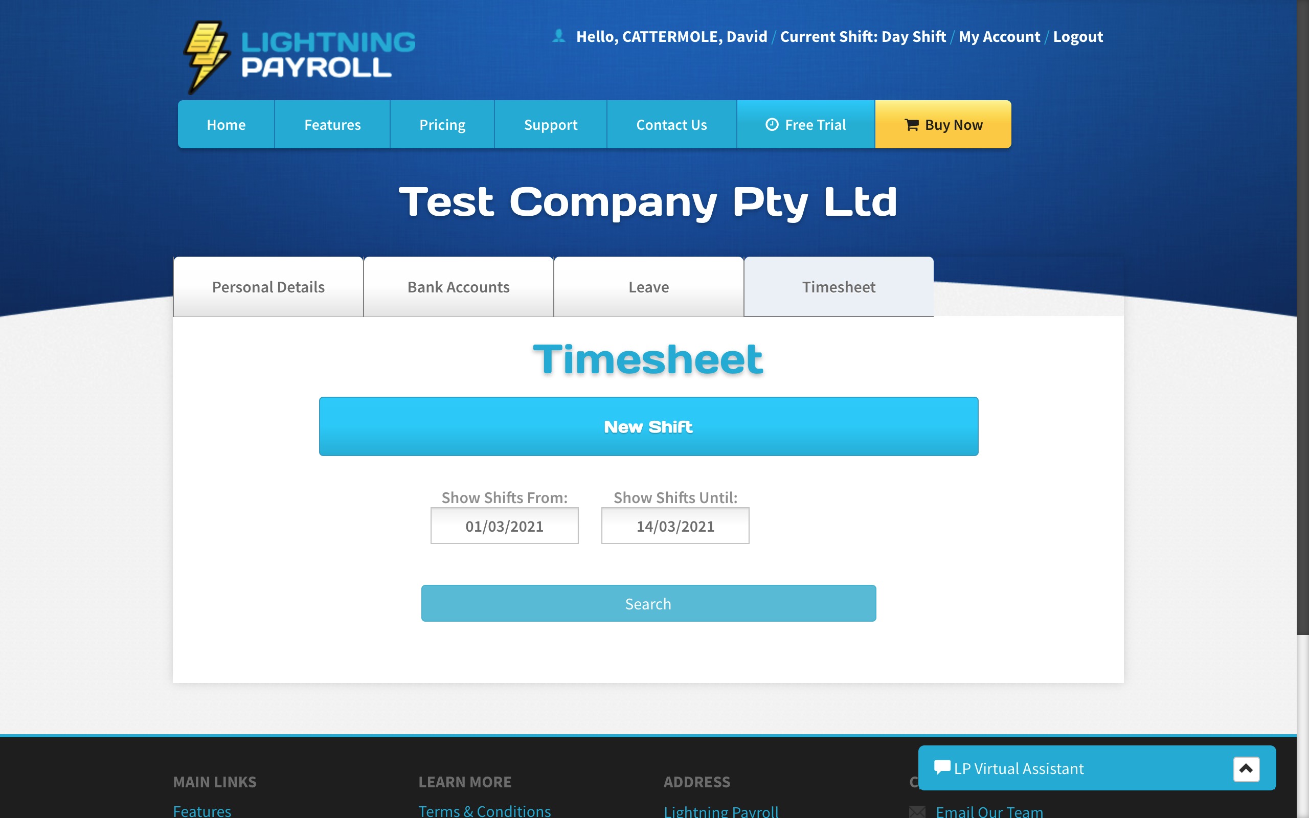 Timesheet Portal Main Screen