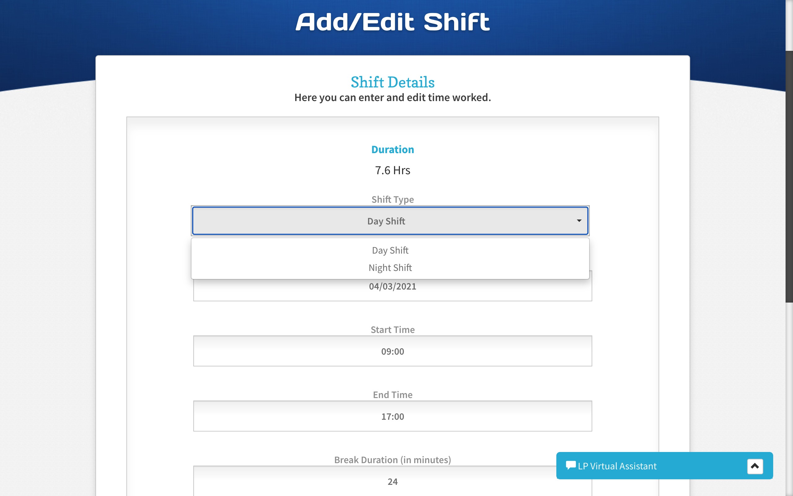 Timesheet Portal Main Screen