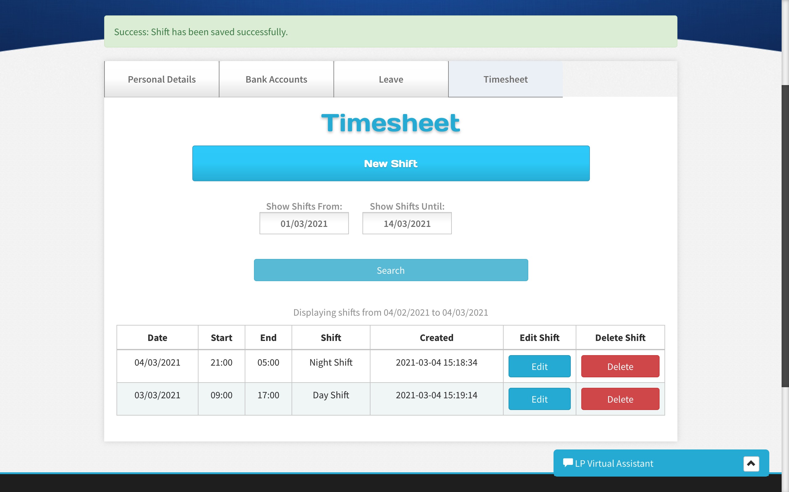 Timesheet Portal Main Screen