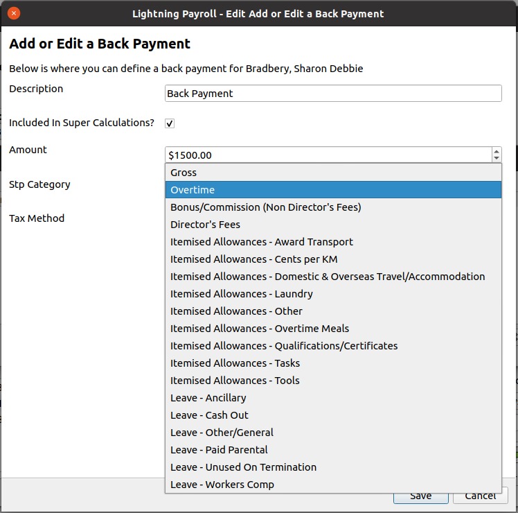 Back Payment Category