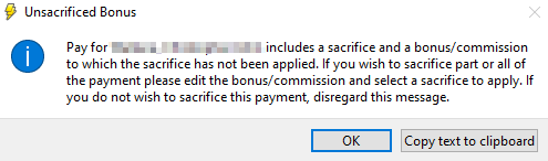 Warning prompt when bonus and sacrifice isn't linked