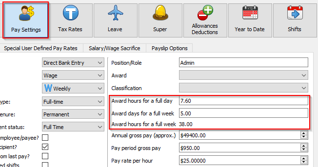Award hours/days in employee Pay Settings