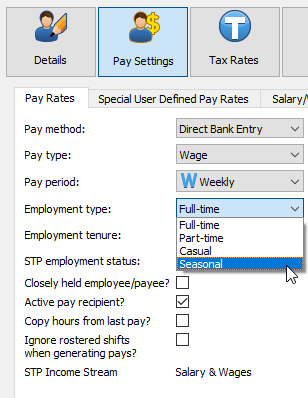 Selecting the new employment type inside Pay Settings