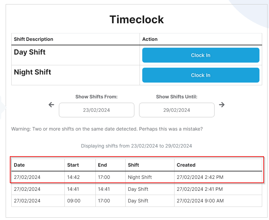 Portal Dashboard after shift