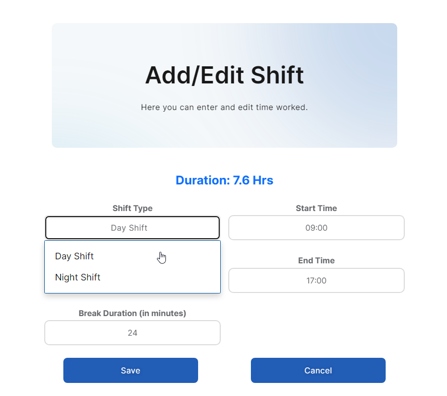 Timesheet Portal Main Screen