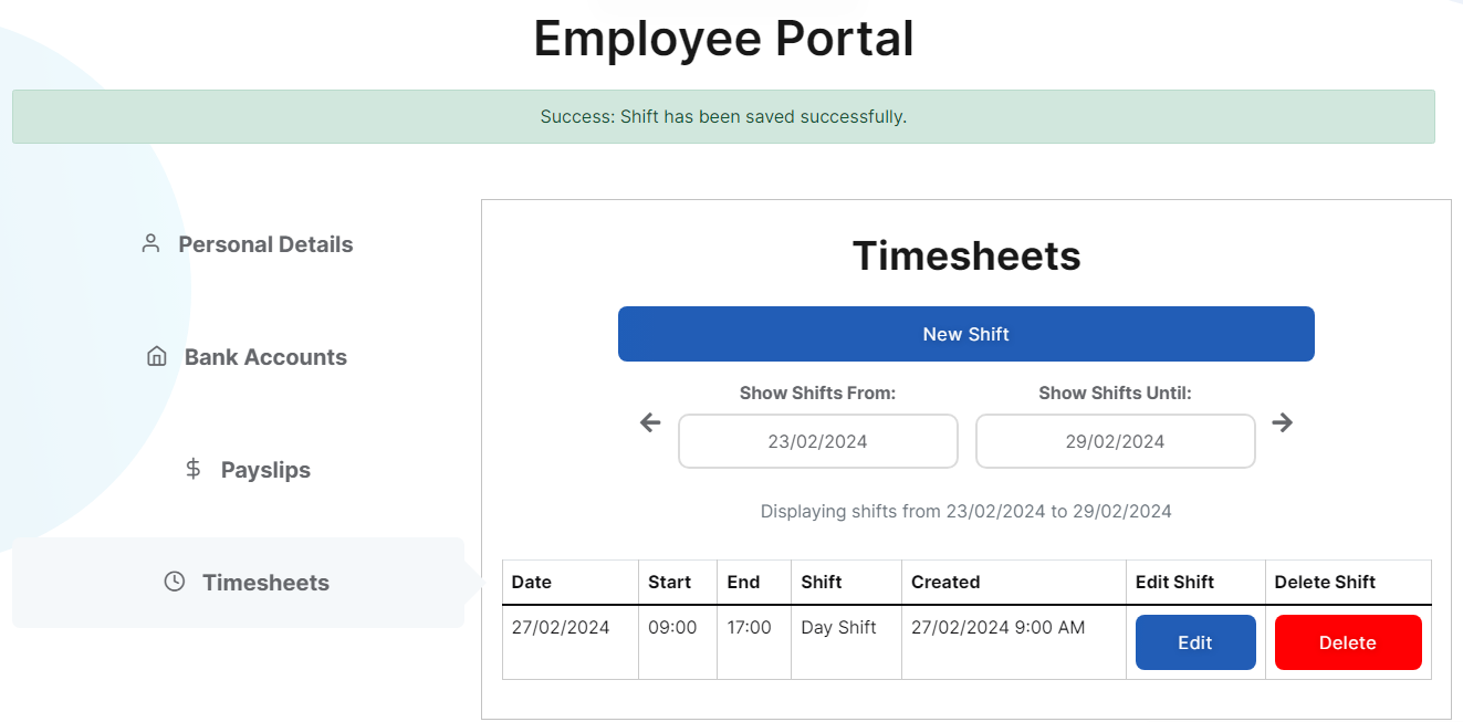 Timesheet Portal Main Screen