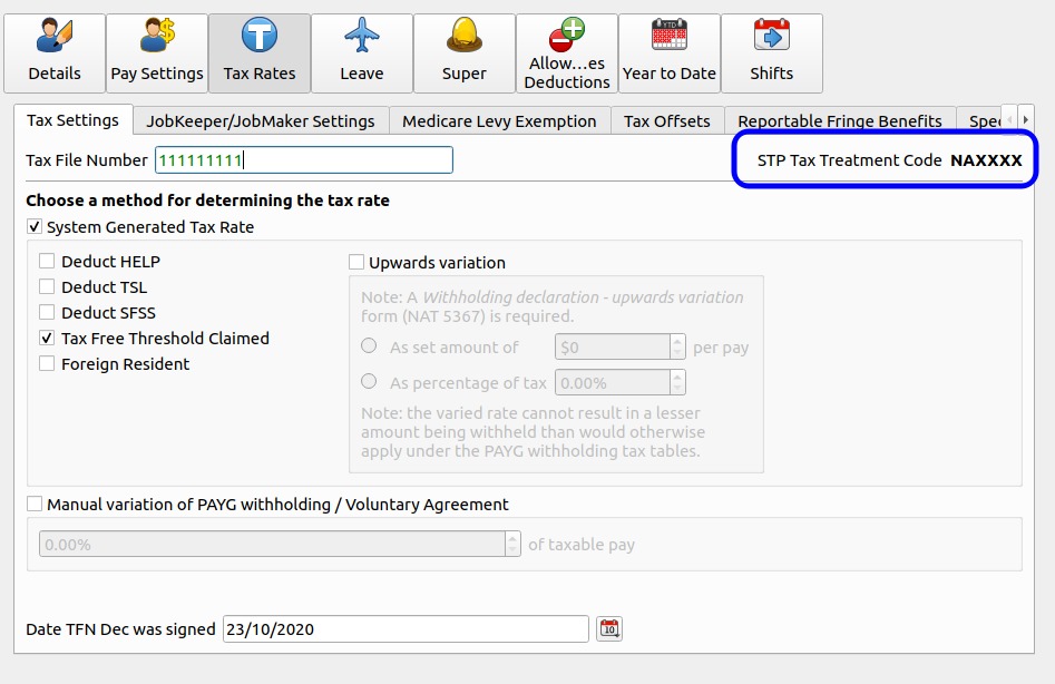 STP tax treatment code