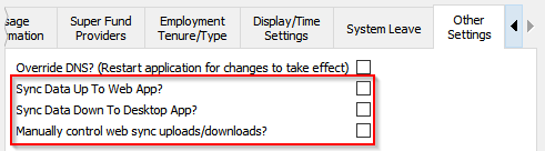 Web sync checkboxes in Other Settings